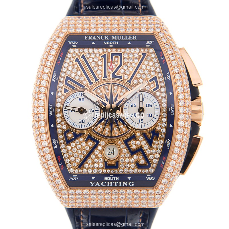 Franck Muller V 45 CC DT D CD YACHTING - Automatic - 18kt Rose Gold - Diamond - Gold Dial - Blue Leather Strap