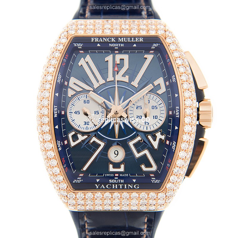 Franck Muller V 45 CC DT D YACHTING 18kt Rose Gold - Diamonds - Blue Dial - Leather Strap - Luxury Replica VANGUARD Watch