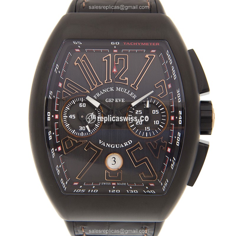 Franck Muller V45 CC DT TT NR BR5N Vanguard Auto Steel Case Black Dial Leather Black Buckle - Luxury Replica VANGUARD Watch