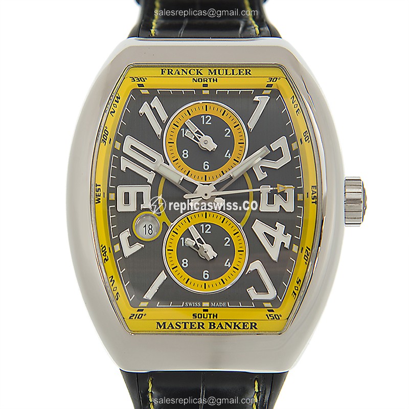 Franck Muller V45 MB SC DT AC.JA Vanguard - Auto - Steel Case - Gray Dial - Black Leather Strap