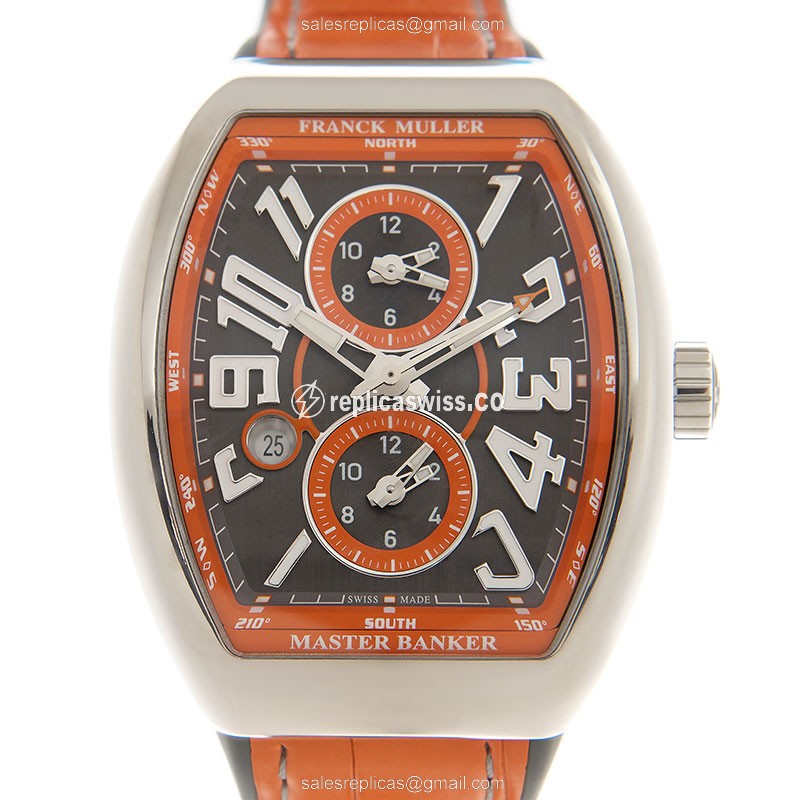 Franck Muller V 45 MB SC DT AC.OR Replica - Automatic - Steel Case - Gray Dial - Orange Leather Strap