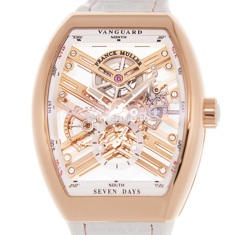 Franck Muller V 45 S6 SQT Vanguard - Auto 18kt Rose Gold - Gold Dial - Leather White Buckle