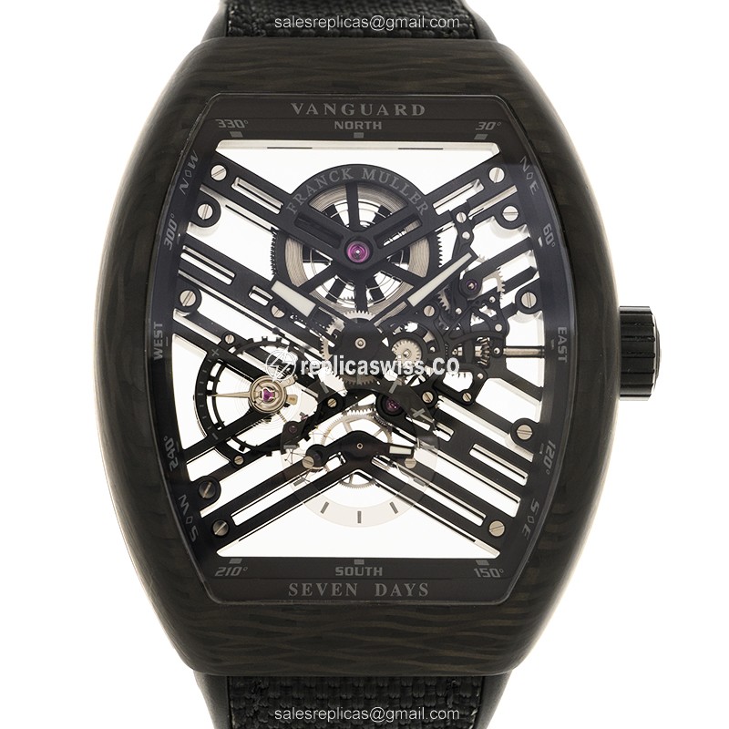 Franck Muller V 45 S6 SQT Carbon NR - Automatic - Steel Case, Transparent Dial, Black Canvas Strap