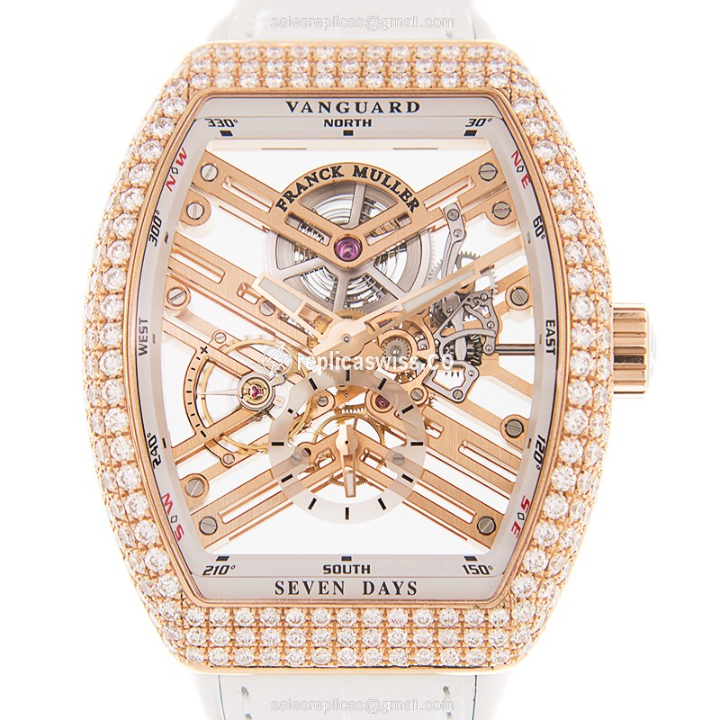 Franck Muller V 45 S6 SQT D 18kt Rose Gold Diamonds Automatic Gold Dial Buckle Leather White Strap