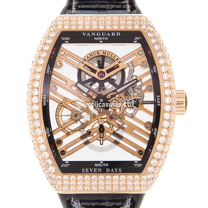 Franck Muller V45 S6 SQT D Vanguard Auto 18kt Rose Gold Diamonds - Gold Dial - Leather Black Buckle