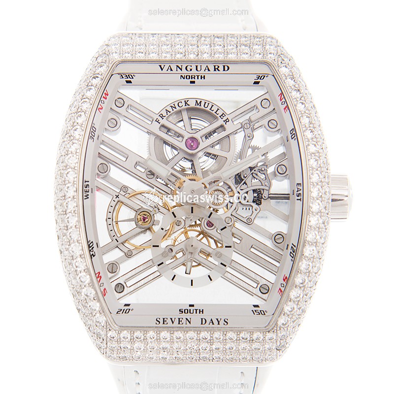 Franck Muller V 45 S6 SQT D Vanguard Manual - Diamond Case, Silver Dial - Buckle Clasp, Alligator White Strap