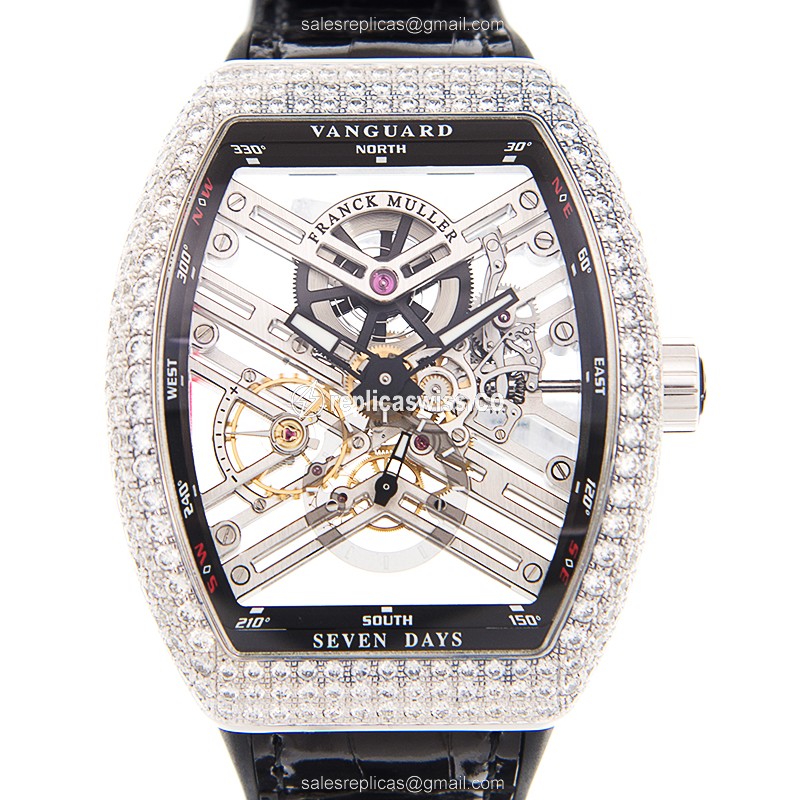 Franck Muller V 45 S6 SQT D AC.NR Vanguard Manual - Diamond Case, Silver Dial, Black Buckle Alligator Strap