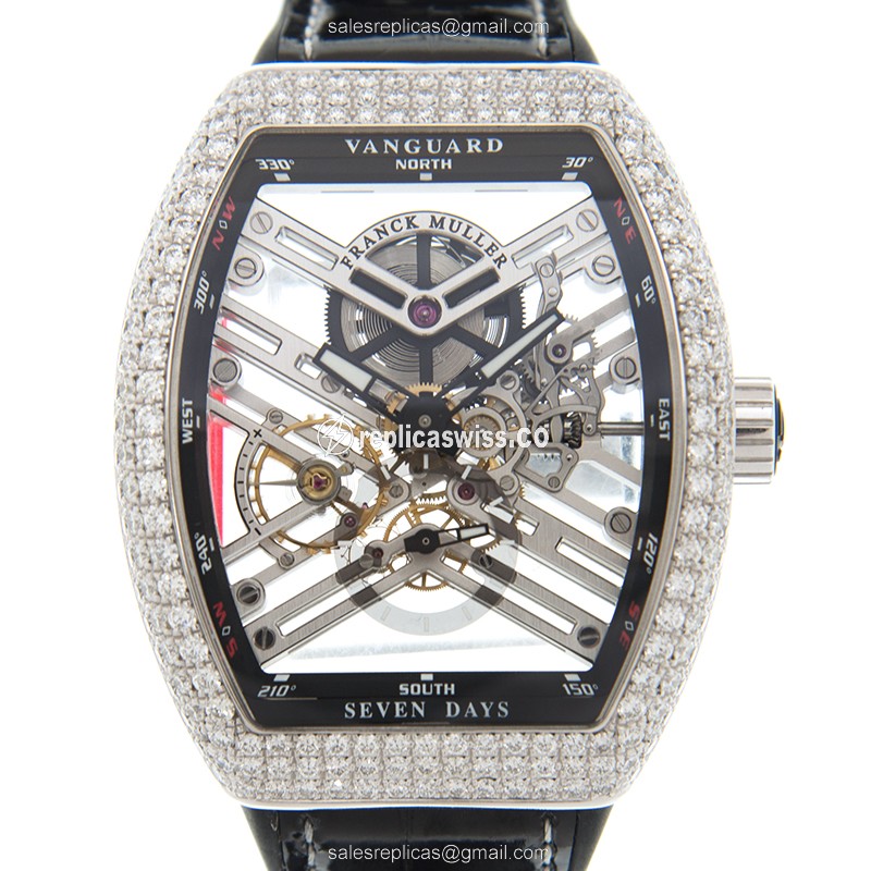Franck Muller V 45 S6 SQT D OG.NR - Manual Wind - 18kt White Gold - Diamond Skull Dial - Black Leather Strap - Luxury Replica VANGUARD Watch