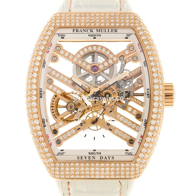 Franck Muller V45 Replica - Automatic - 18kt Rose Gold - Diamond Case - Transparent Dial - Luxury Replica VANGUARD Watch
