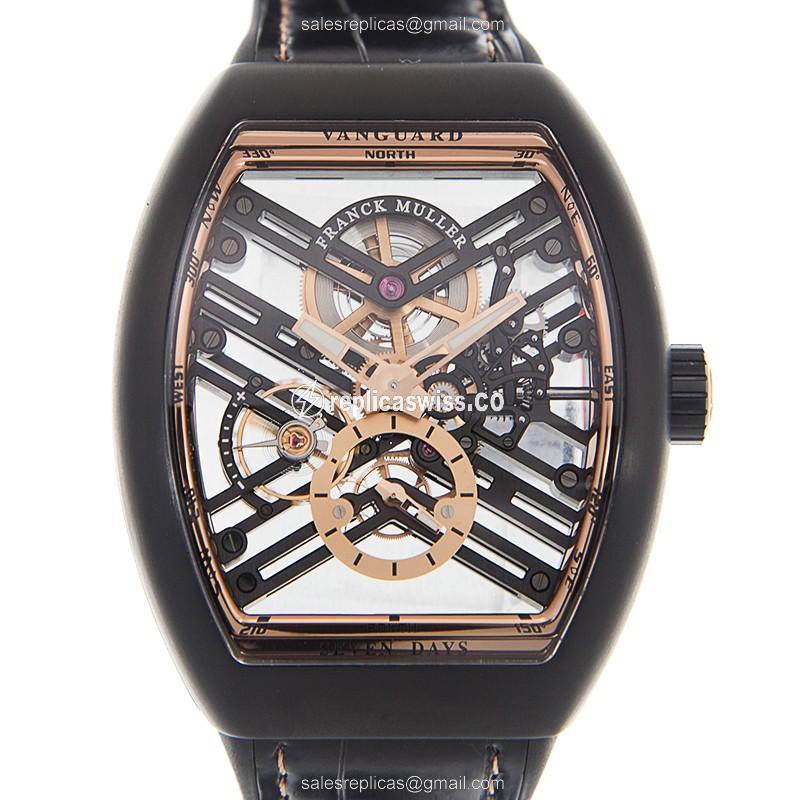 Franck Muller V45S6SQTTNR Vanguard Manual 18kt Rose/Steel - Black Dial Alligator Black Clasp
