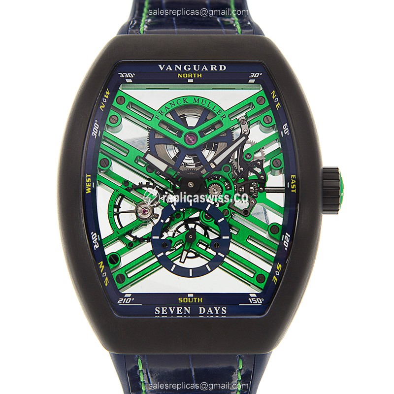 Franck Muller V 45 S6 SQT TT NR BR BL LE Automatic - Steel Case - Green Dial, Blue Alligator Strap