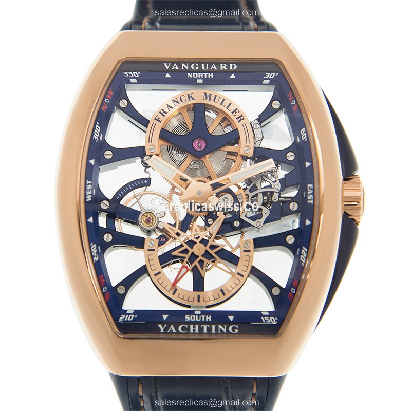 Franck Muller V 45 S6 SQT YACHTING ANC Manual Wind 18kt Rose Gold - Skull Dial, Leather Blue Strap