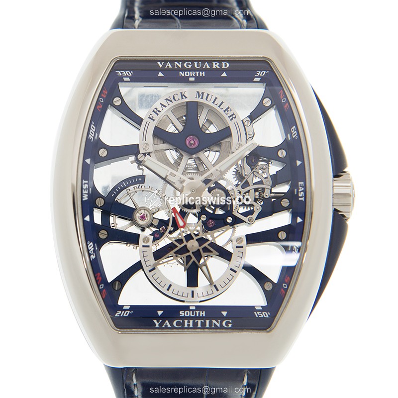 Franck Muller V45 S6 SQT Yachtинг ANC - Manual Wind - Steel Case - Skull Dial - Blue Leather Strap - Luxury Replica VANGUARD Watch