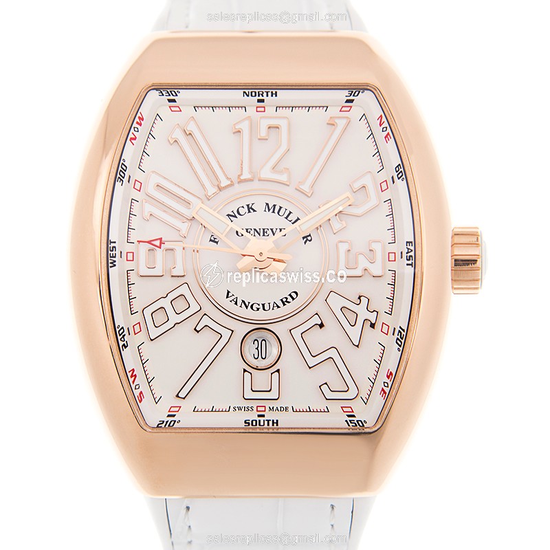 Franck Muller V 45 SC DT 5N.BC Vanguard Replica - Automatic - 18kt Rose Gold Case - White Dial, Leather Strap