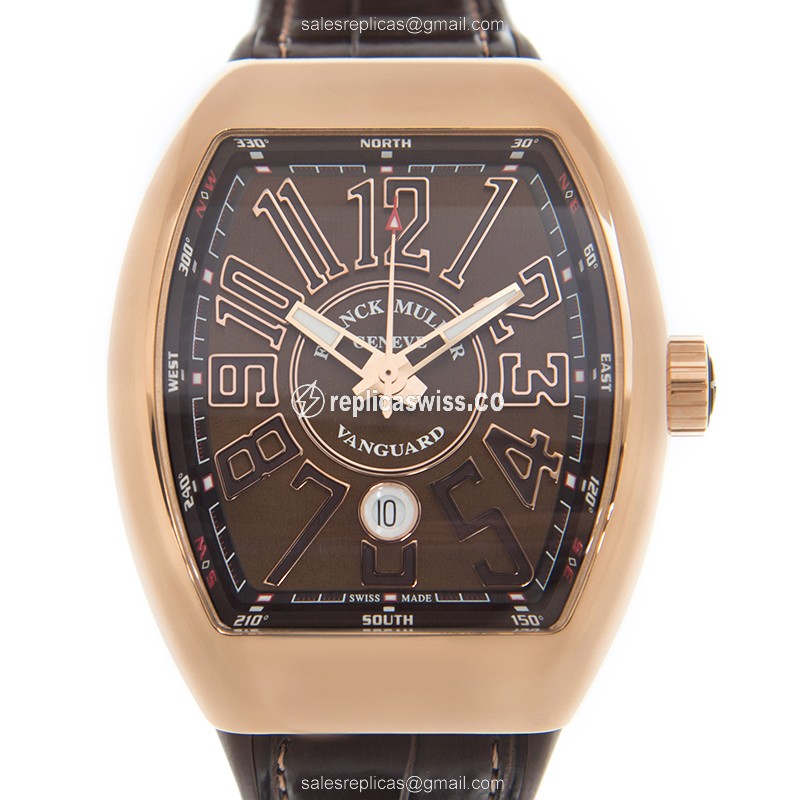 Franck Muller V45 SC DT - Vanguard Auto - 18kt Rose Gold - Brown Dial, Brown Leather Strap - Luxury Replica VANGUARD Watch