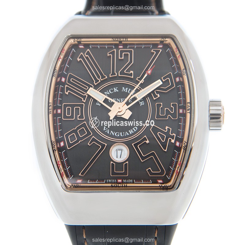 Franck Muller V 45 SC DT AC.5N Replica - Automatic - Steel Case - Black Dial, Leather Strap