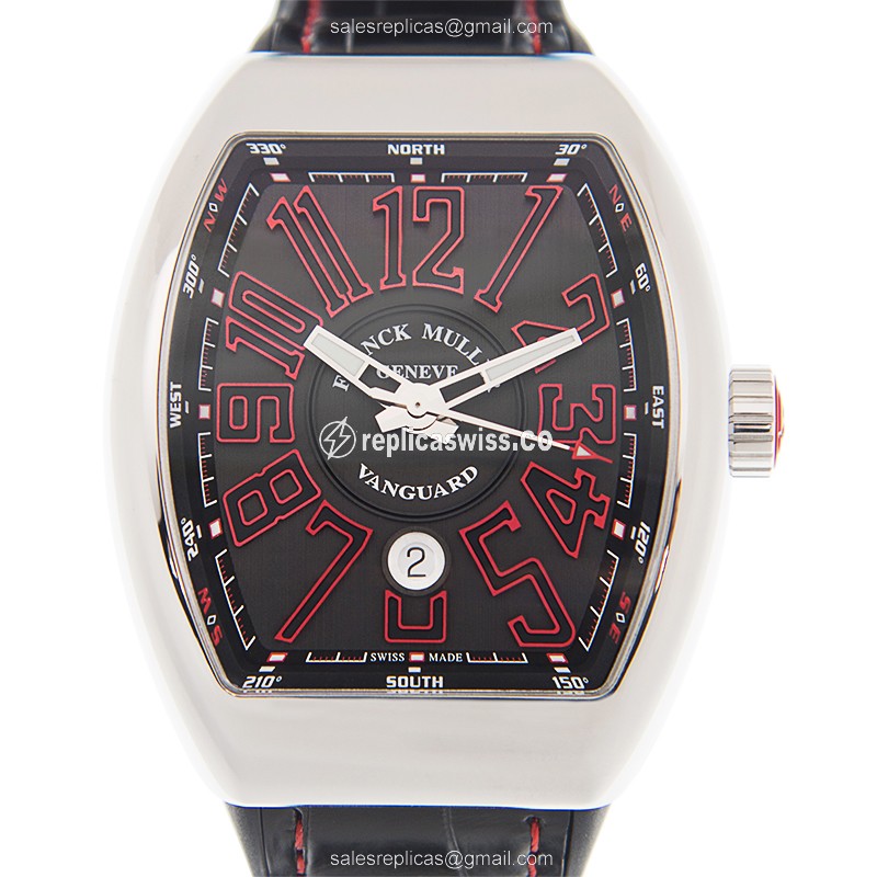 Franck Muller V 45 SC DT AC.ER VANGUARD Replica - Automatic - Steel Case - Black Dial on Leather Strap