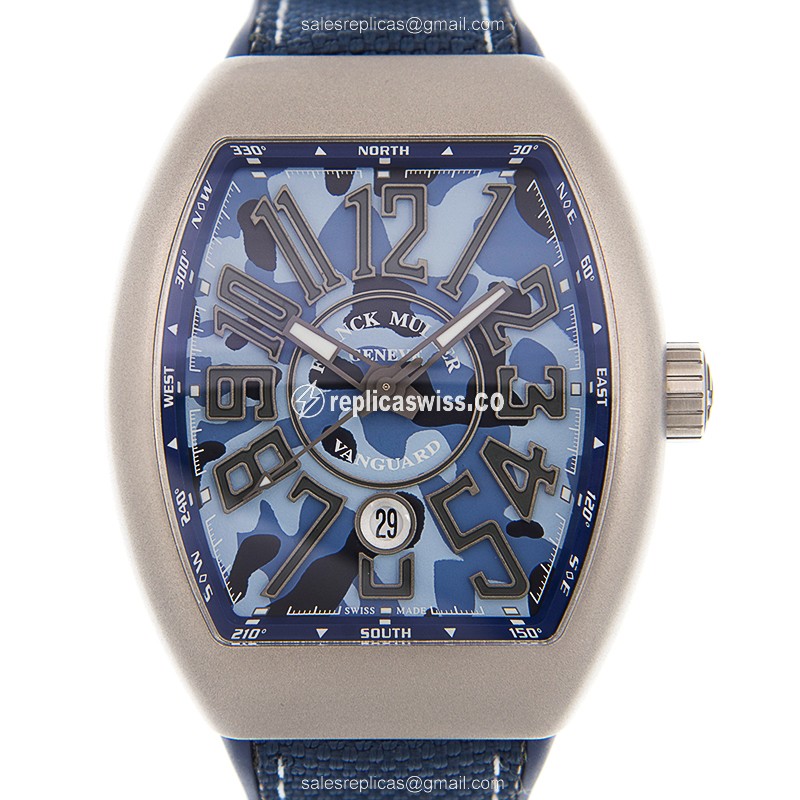 Franck Muller V45 SC DT CAMOU - Automatic - Steel - Blue Dial - Leather Blue Strap - Luxury Replica VANGUARD Watch