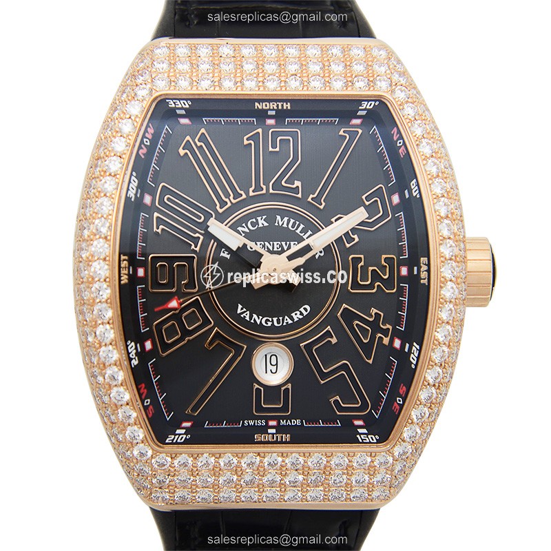 Franck Muller V 45 SC DT D 5N Vanguard - Automatic - 18kt Rose Gold Case - Black Dial, Diamond Bezel - Luxury Replica VANGUARD Watch