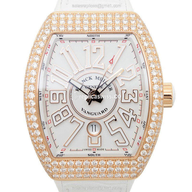 Franck Muller V 45 SC DT D 5N BC VANGUARD Replica - Automatic - 18kt Rose Gold Case - White Dial & Diamond Bezel