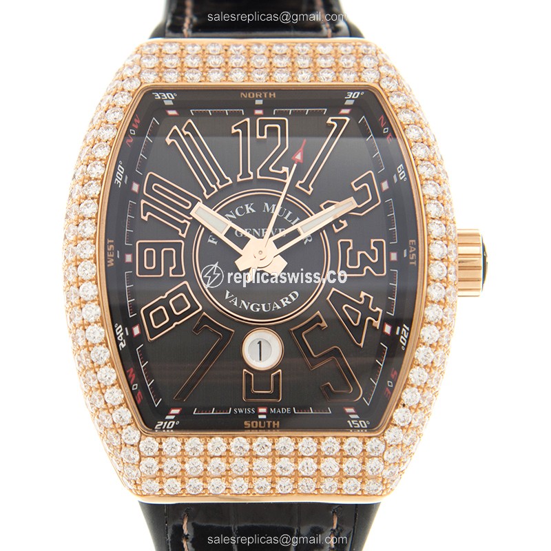 Franck Muller V 45 SC DT D 18kt Rose Gold Diamond Auto Black Dial Buckle Leather Strap - Luxury Replica VANGUARD Watch