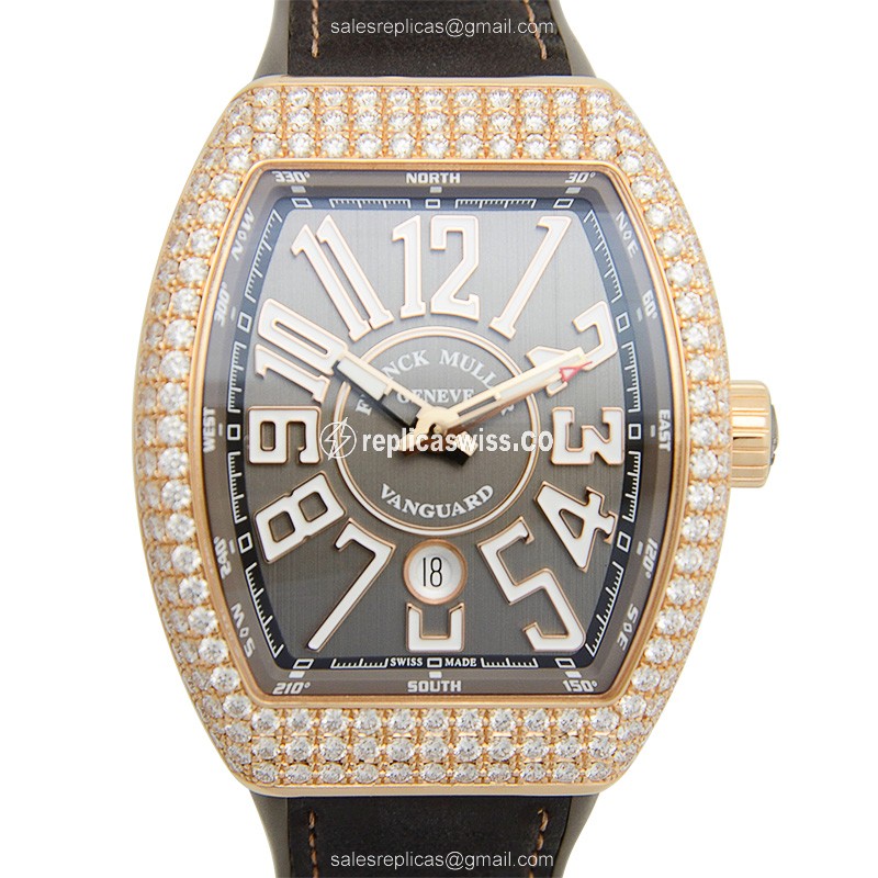 Franck Muller V 45 SC DT D 5NTT Vanguard Auto 18kt Rose Gold Diamonds Gray Dial Buckle Leather Black Strap