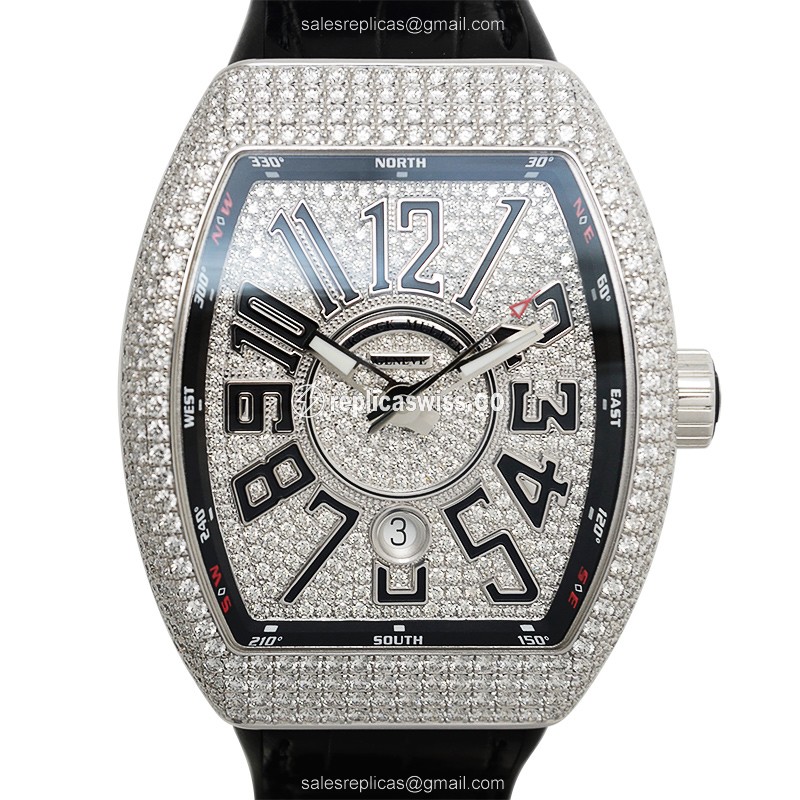 Franck Muller V 45 SC DT D CD - Automatic - 18kt White Gold - Diamond - Silver Dial - Black Alligator Strap - Luxury Replica VANGUARD Watch