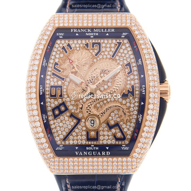 Franck Muller V45SC DT D CD Dragon King - 18kt Rose Gold - Diamonds - Automatic - Gold Dial - Blue Alligator Strap - Luxury Replica VANGUARD Watch