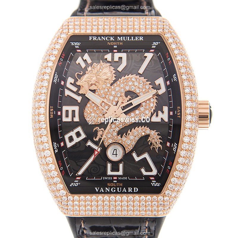 Franck Muller V 45 SC DT D DRGCD 18kt Rose Gold Auto - Black Dial - Leather Strap - Buckle Clasp - Luxury Replica VANGUARD Watch