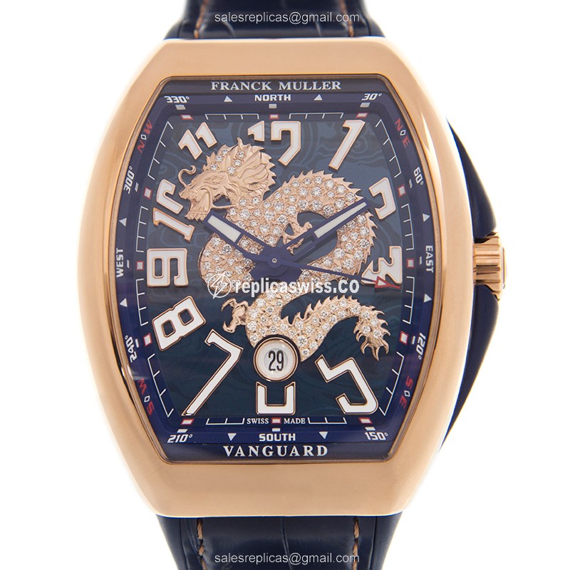 Franck Muller V 45 SC DT DIA DRAGON KING 18kt Rose Gold - Auto - Silver Dial - Blue Leather Strap