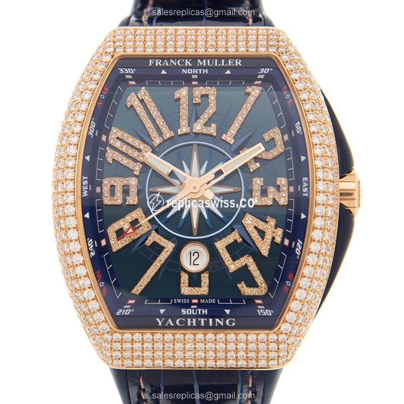 Franck Muller V 45 SC DT D NBR CD YACHTING 5N.BL Replica - Automatic - Rose Gold Case - Blue Dial - Leather Strap