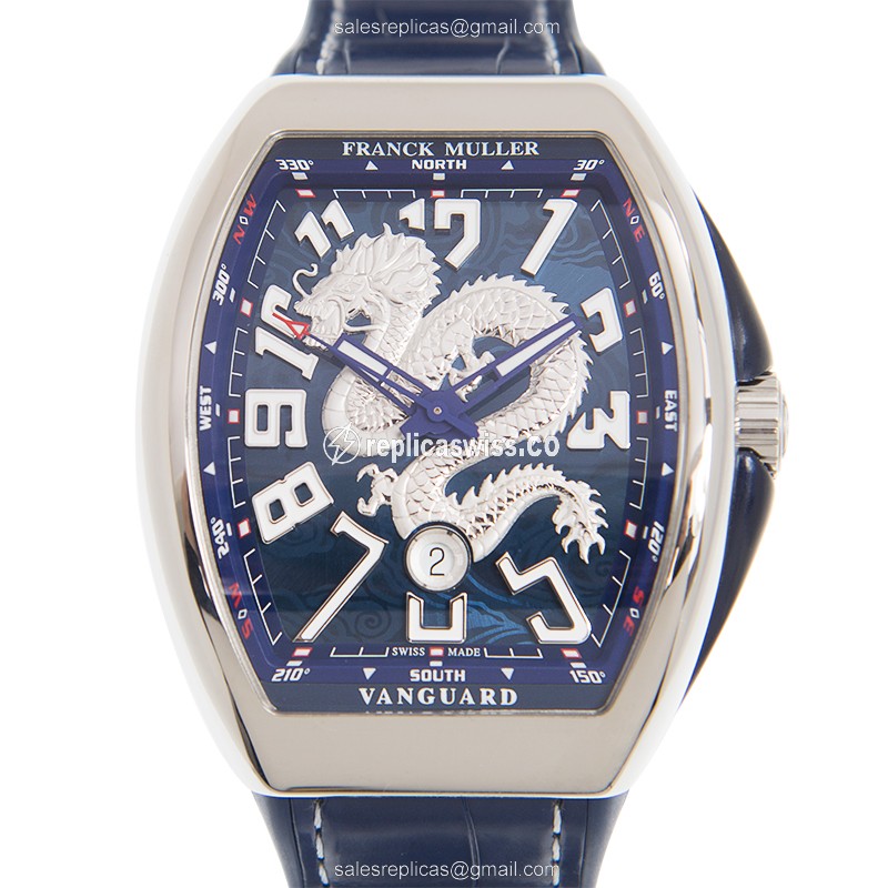 Franck Muller V 45 SC DT DRAGON KING AC.BL Vanguard Auto - Blue Steel Case, Blue Dial, Leather Strap
