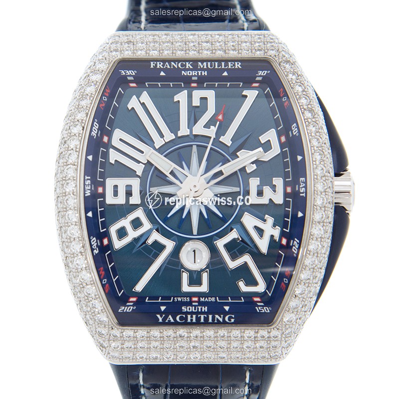Franck Muller V 45 SC DT D YACHTING - Automatic - Diamond Case - Blue Dial - Leather Strap - Blue Buckle