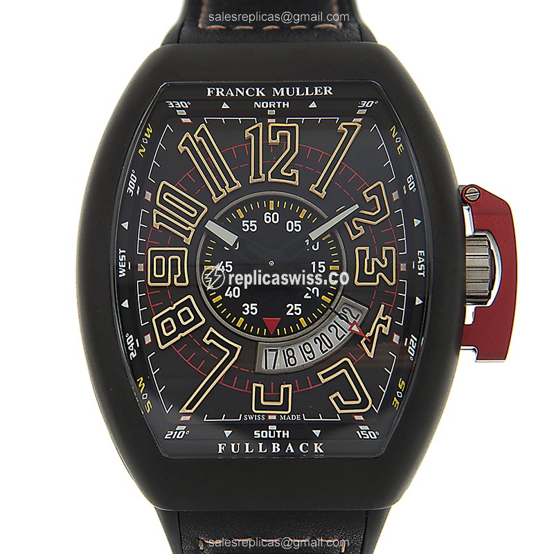 Franck Muller V45 SC DT LCK Vanguard - Auto - Black Dial - Leather Strap - Clasp - Luxury Replica VANGUARD Watch