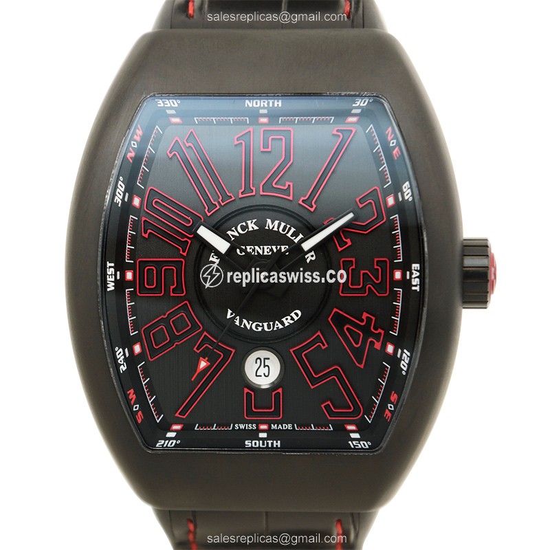 Franck Muller V45 SC DT TT NR Red Vanguard Auto Steel Case Black Dial Rubber Strap - Luxury Replica VANGUARD Watch