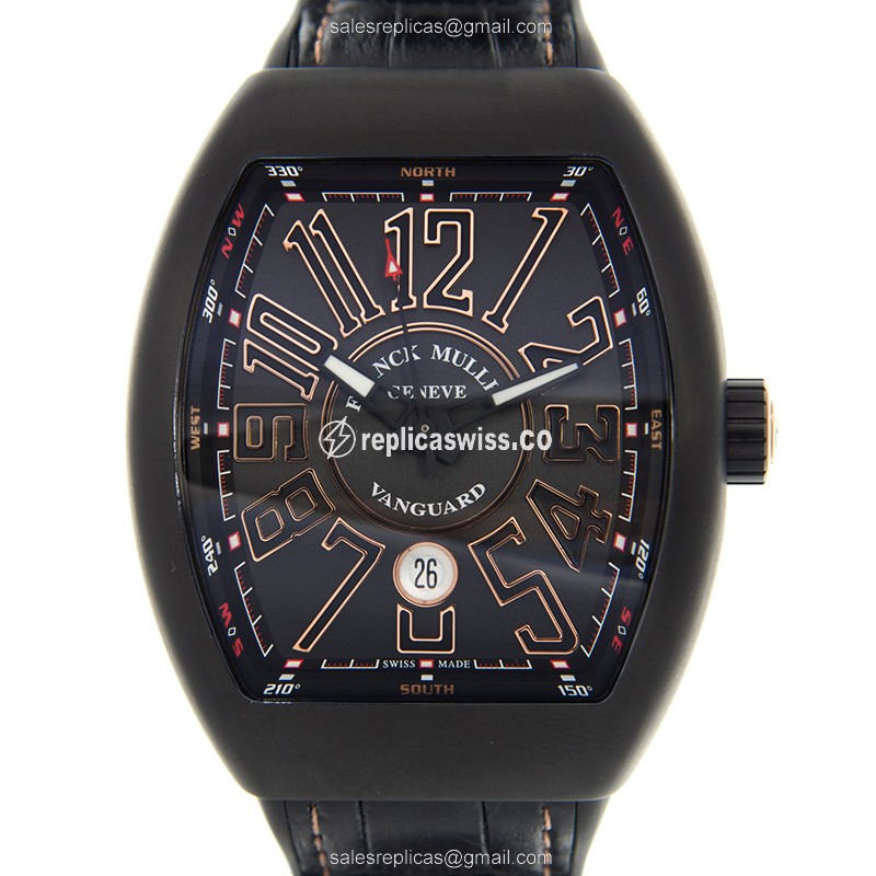 Franck Muller V45 SC DT TT NR BR5N Vanguard Auto Stainless Steel Black Dial Alligator Black Clasp Sapphire