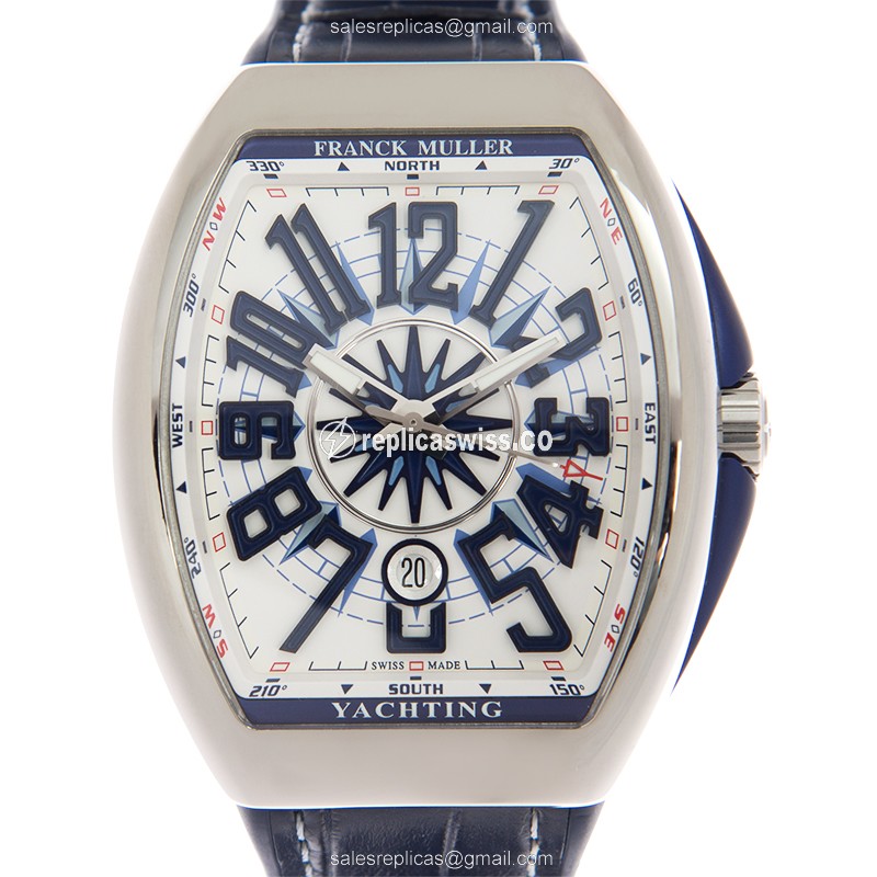 Franck Muller V 45 SC DT YACHTING AC.BL - Automatic - Steel Case, White Dial, Blue Leather Strap