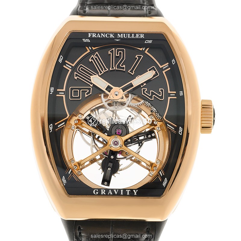 Franck Muller V45 Gravity CS 18kt Rose Gold Manual Wind - Transparent Dial - Black Leather Strap