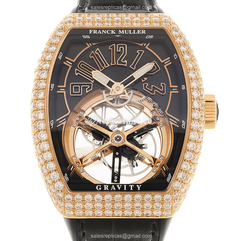 Franck Muller V 45 GRAVITY CS D 18kt Rose Gold & Diamond - Manual - Transparent - Buckle Clasp - Leather Strap - Luxury Replica GRAVITY Watch