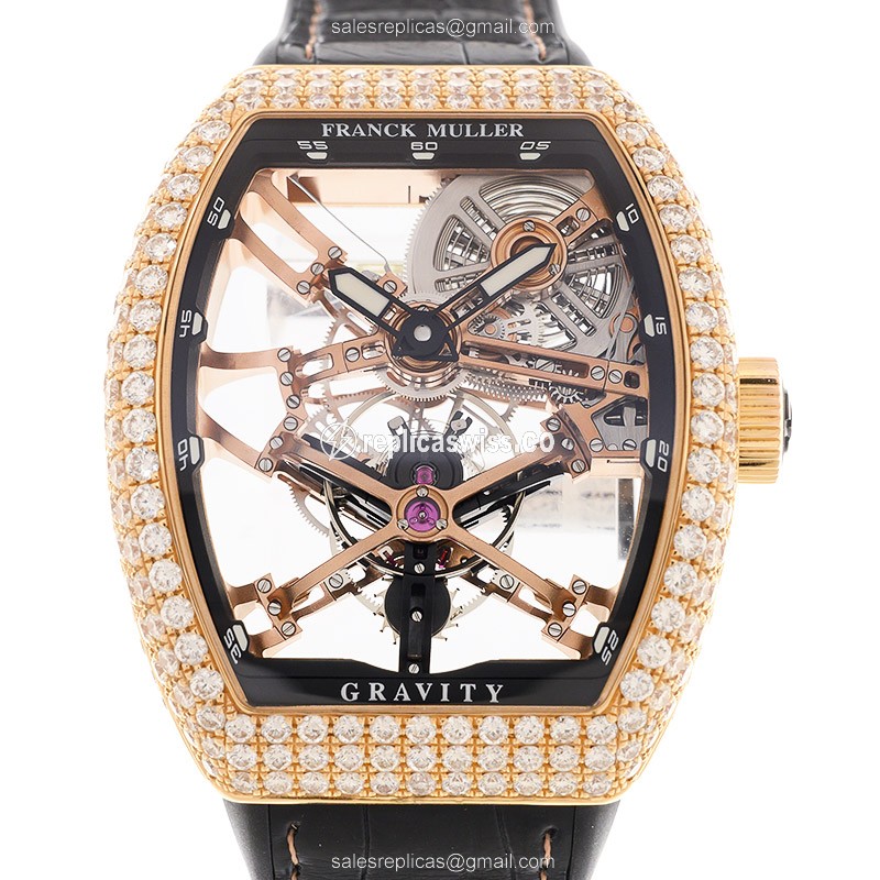 Franck Muller V 45 T GRAVITY CS SQT D 18kt Rose Gold & Diamonds - Manual Wind - Transparent Dial - Leather Strap - Black Buckle - Luxury Replica GRAVITY Watch