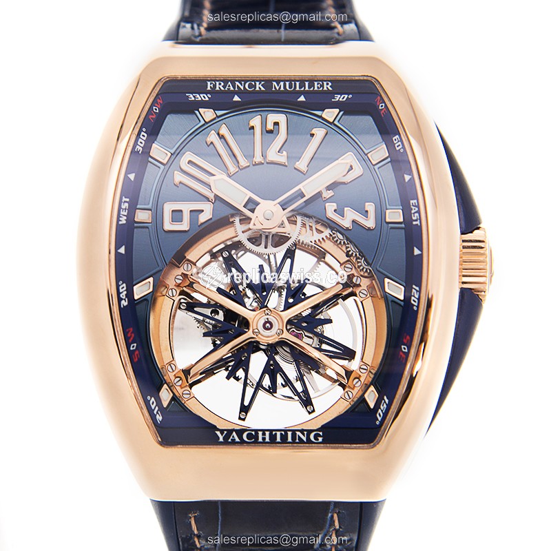 Franck Muller V 45 T Replica - Manual Wind - 18kt Gold Case - Blue Dial on Blue Alligator Strap - Luxury Franck Muller Watch