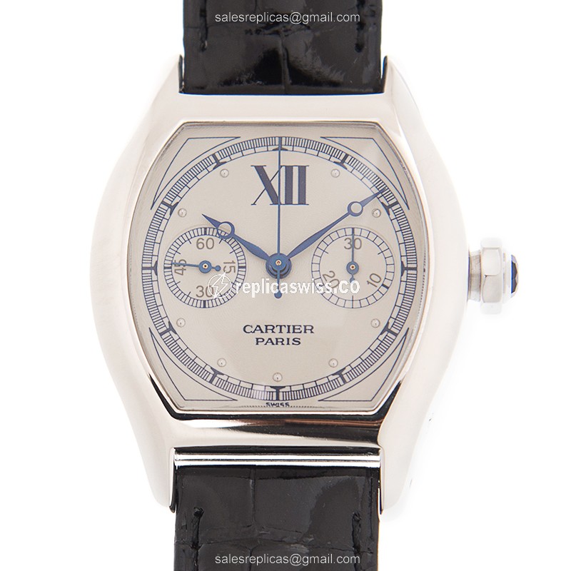 Cartier Tortue Replica - Manual - 18kt White Gold - Silver Dial - Black Alligator Strap
