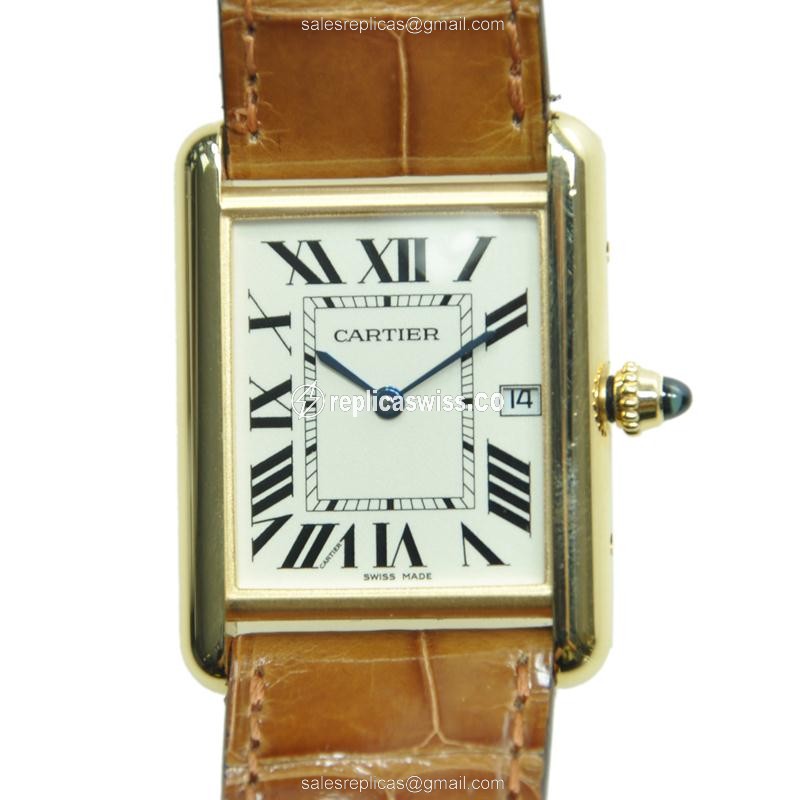 Cartier TANK Replica - Quartz - 18kt Yellow Gold - White Dial - Brown Alligator Buckle