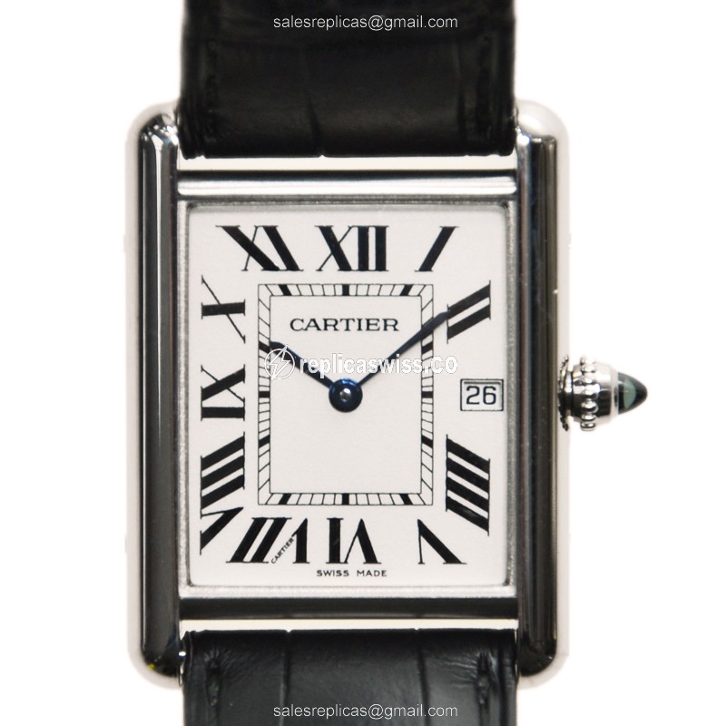 Cartier TANK Replica - Quartz - 18kt White Gold - Silver Dial, Black Alligator Strap