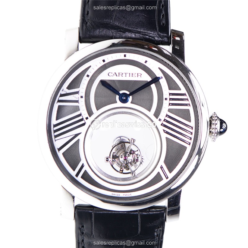Cartier Rotonde De Cartier Replica - Manual Wind - 18kt Gold - Gray Dial - Black Alligator Strap