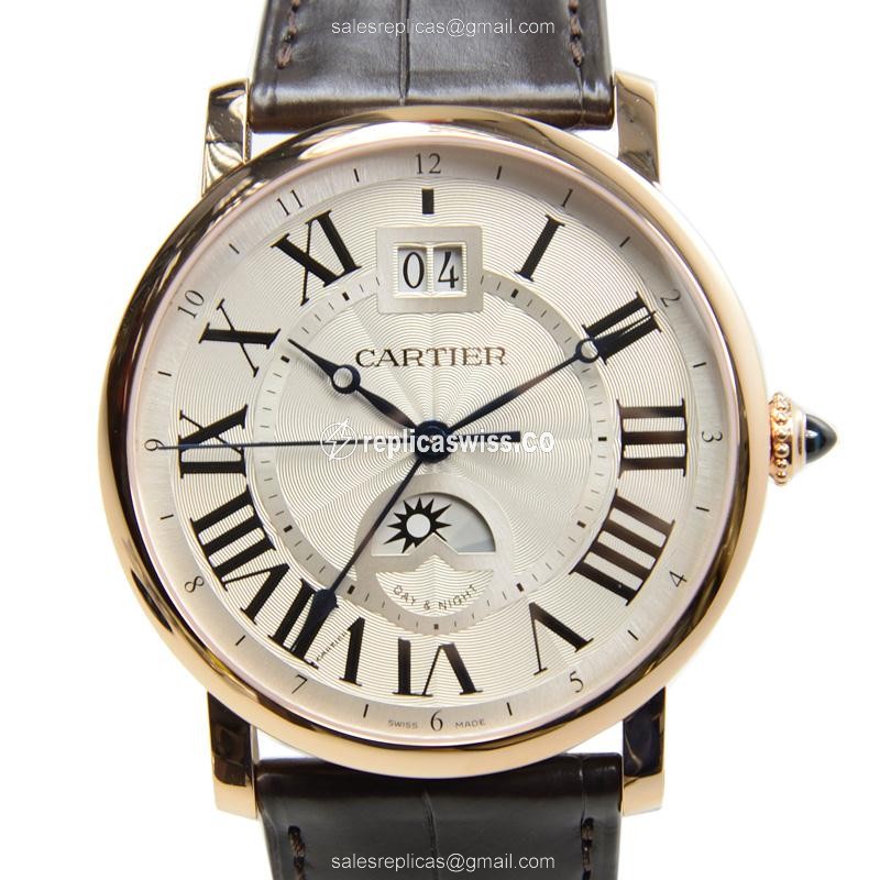 Cartier Rotonde Replica - Automatic - 18kt Yellow - White Dial - Alligator Brown