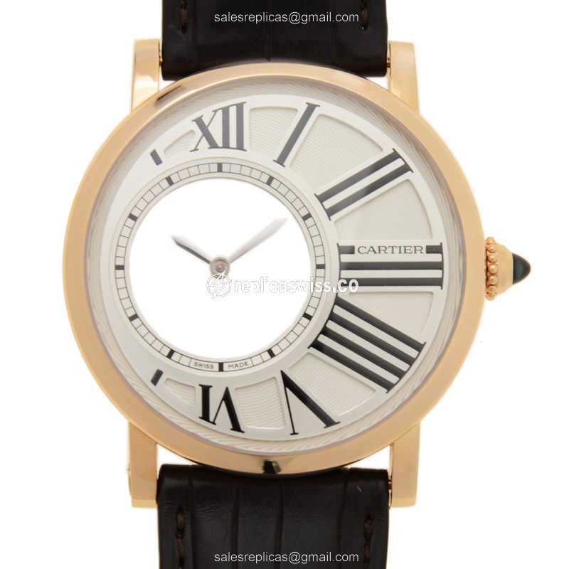 Cartier Rotonde Replica - Manual - 18kt Rose Gold - Silver Dial - Alligator Black Clasp - Luxury Replica ROTONDE DE CARTIER Watch