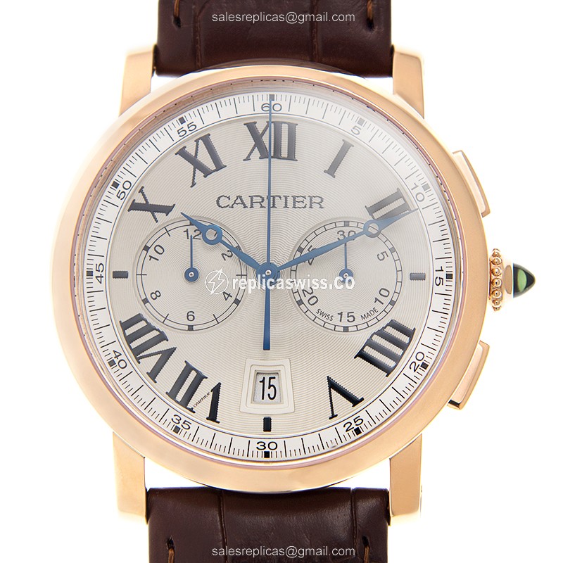 Cartier Rotonde Replica - Automatic - 18kt Rose Gold - Silver Dial, Brown Alligator Strap - Luxury Replica ROTONDE DE CARTIER Watch