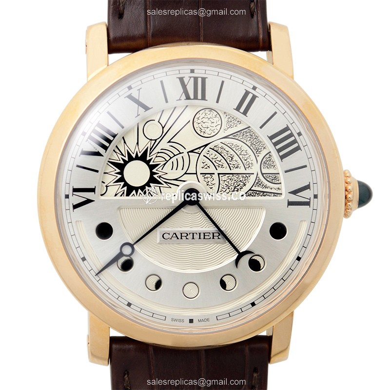 Cartier Rotonde De Cartier Replica - Automatic - 18kt Rose Gold - Silver Dial - Brown Alligator Strap - Luxury Replica ROTONDE DE CARTIER Watch