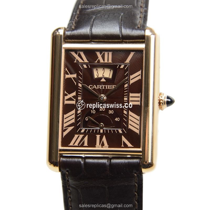 Cartier TANK Replica - Manual - 18kt Rose Gold - Brown Dial - Alligator Black Strap